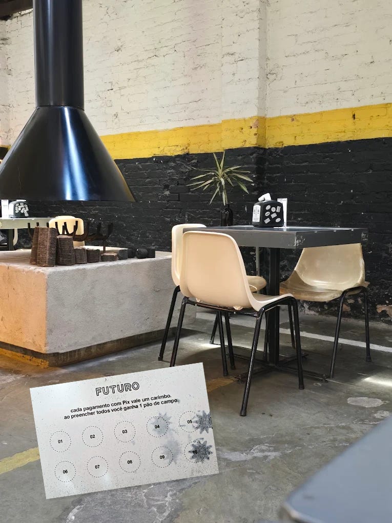 Ambiente interno com paredes de tijolos pequenos. A parede é pintada de branco na parte superior, de preto na parte inferior e uma faixa amarela horizontal que divide a parede. Existe uma lareira e quatro cadeiras com uma mesa. Sobreposta a imagem existe um cartão fidelidade de uma cafeteria.